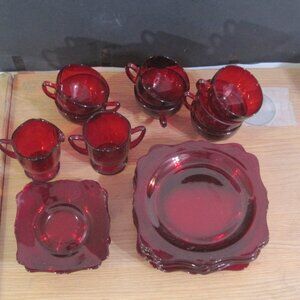 24 Vintage Red Ruby Dishes 8 Braed Plates 7 Cups & Sauces Etc. Excellent Conditi